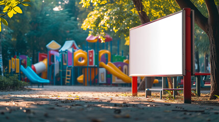 outdoor kids children playground with blank frame mockup, generative ai - obrazy, fototapety, plakaty