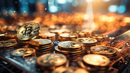 golden bitcoin coins. blockchain concept