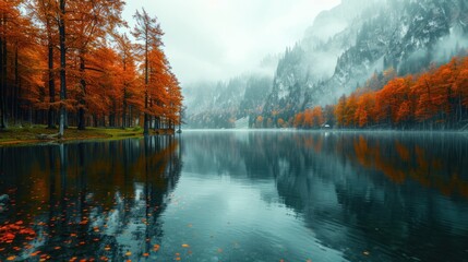 Autumn trees on the shore of Hinterer Langbathsee lake in Alps mountains, Austria. Beautiful autumn landscape