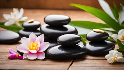 zen basalt stones and flowers on the wooden background. spa concept