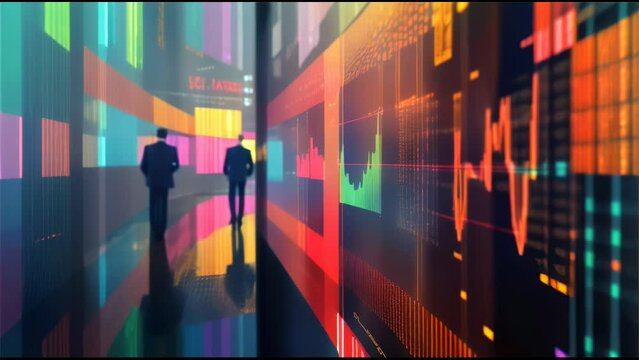 Silhouettes of business people against a backdrop of colorful digital graphs, symbolizing market analysis and data management.