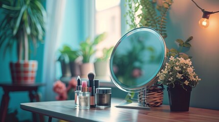 Makeup mirror on table, Table with decorative cosmetics and mirror in modern makeup room, round mirror, circle mirror, dressing table