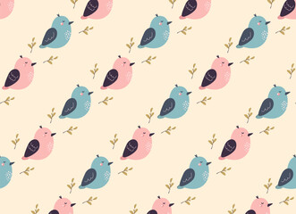 Seamless pattern with cute birds on pastel color. Cartoon spring collection.