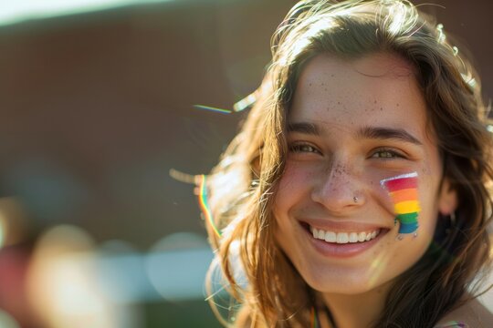 Close up portrait of a smiling beautiful young woman with lgbt rainbow flag painted on her face.