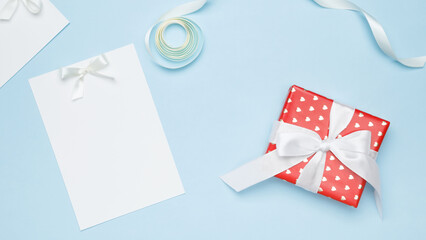 Fototapeta premium Gift for Valentine's Day, happy anniversary. Top view, copy space, flatlay