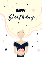 Happy birthday, a postcard for a woman. Illustration of a girl, women's day. Birthday, greeting card. Flat design.