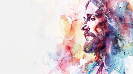 Watercolor portrait of Jesus, space for copy