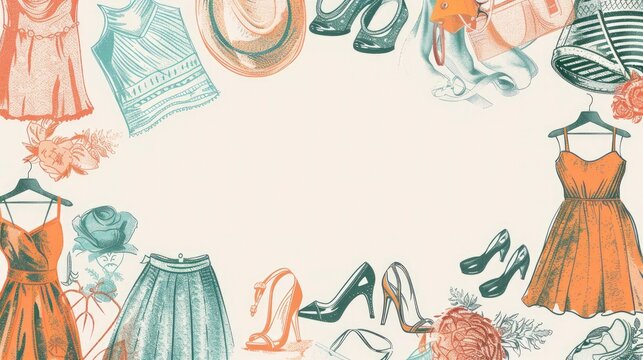 A background with sketches of dresses, shoes, and accessories. The text space can be in the shape of a hanger