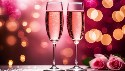 Pink rose champagne glasses close up against bokeh lights background
