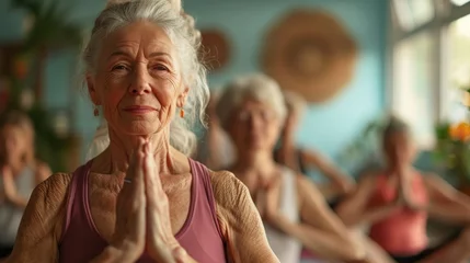 Foto op Plexiglas woman doing yoga exercise, elderly women yoga in a studio © suphakphen