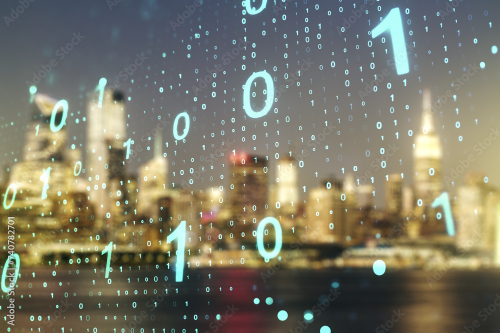 Leinwandbilder abstract virtual binary code sketch on blurry office buildings background, hacking and matrix concep