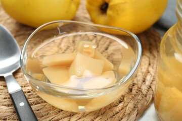 Delicious quince drink and fresh fruits on table, closeup