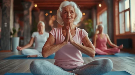 Schilderijen op glas woman doing yoga exercise, elderly women yoga in a studio © suphakphen