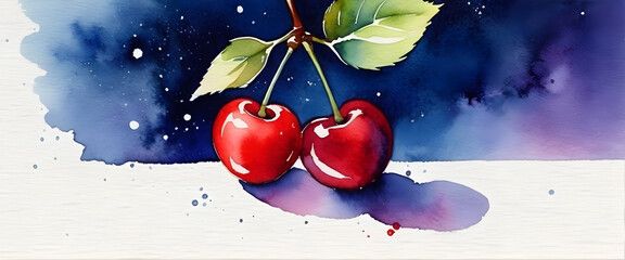 Red cherry isolated on blue paint smeared background. Cherry illustration in watercolor style.