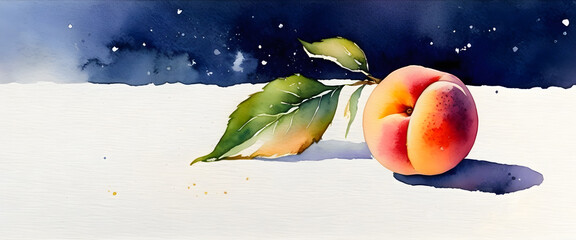 Ripe peaches and leaves. Peach illustration in watercolor style.