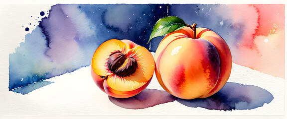 Ripe peaches. Cross section of a peach. Ink smeared background. Peach illustration in watercolor style.