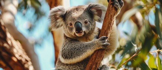 A cute Koala bear, a terrestrial animal, is perched on a tree branch in the jungle. Its furry body and distinctive snout make it a unique dog breed sharing a peaceful moment in nature