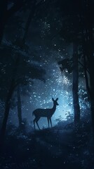 A Deer Standing in the Middle of a Forest at Night