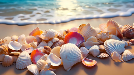 Fototapeta na wymiar Close-up of colorful seashells on the beach
