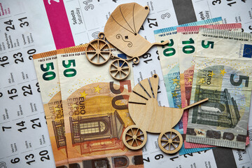 euro banknotes, social policy, stroller