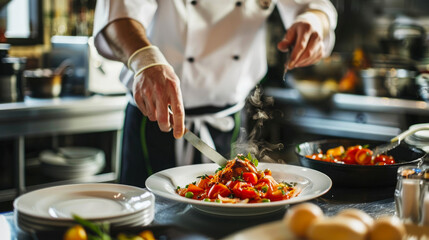 A skilled chef expertly crafts a delectable meal in a bustling kitchen, utilizing fresh vegetables and precise food processing techniques to create a culinary masterpiece