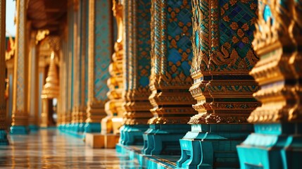 Inside a Buddhist temple, a golden Buddha statue exudes calm and spiritual depth, set against a backdrop of blue and gold art, ideal for religious and cultural stories, with space for text.