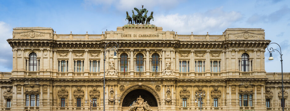 The Palace of Justice (Palazzaccio), the seat of the Supreme Court of Cassation, Rome, Italy. Corte di cassazione. View, details, architectures and embellishments.