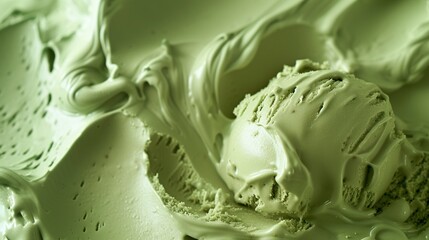 Close-up of pistachio ice cream scoops, showcasing its creamy texture and pale green color, evoking a gourmet dessert concept suitable for culinary advertising, with no specific place for text.