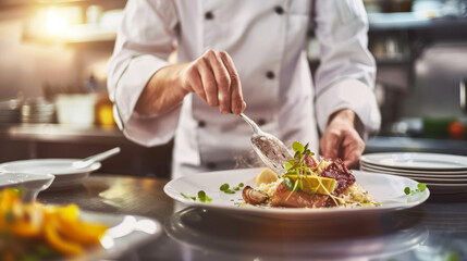 A skilled chef in their pristine uniform delicately places a spoon onto a beautifully presented plate of culinary art, showcasing their passion for cooking and creating a delicious meal in the warm a
