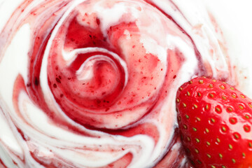 Tasty yoghurt with jam and fresh strawberry as background, top view