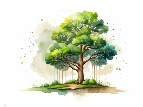 Green tree watercolor illustration. Arbor day.