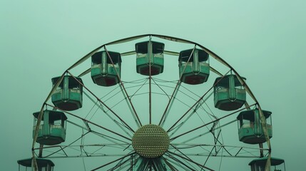 A rustic Ferris wheel stands against a muted sky, offering a vintage feel and a sense of nostalgia, perfect for themes related to pastime and simplicity