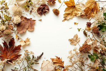Naklejka na ściany i meble Autumn Elegance: Frame of Dried Flowers and Leaves on White Background