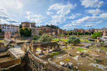 Obraz premium World famous Imperial Fora with a beautiful sky. Ruins of Foro Romano, Palatine Hill, excavation site with many columns and remains of Roman Empire. Rome, Italy.