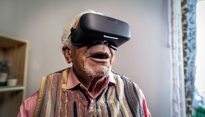 old man wearing a vr visor, augmented reality, vision, looking, elderly looking