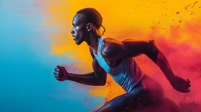 Dynamic runner with colorful powder explosion, athleticism in motion, olympic runner concept