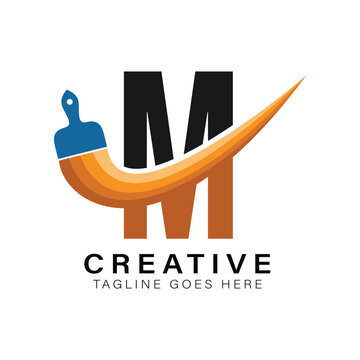 Letter M Paint Brush Logo. Alphabet M House Paint Business Icon