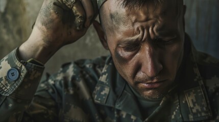 Fototapeta premium A military veteran looking distressed, representing the struggle of individuals with PTSD