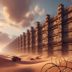 huge wall with barbed wire in the desert (USA and Mexica) - obrazy, fototapety, plakaty