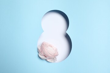 8 March greeting card design with ranunculus flower, top view. Happy International Women's Day