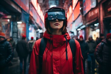 Woman in vr headset exploring the metaverse landscape, futuristic technology concept