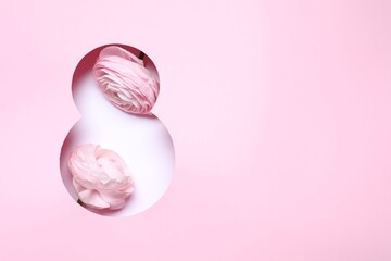 8 March greeting card design with ranunculus flowers and space for text, top view. Happy International Women's Day