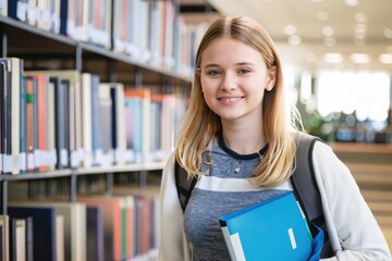 smiling female student in library, woman in a bookshelf, teen student with backpack
