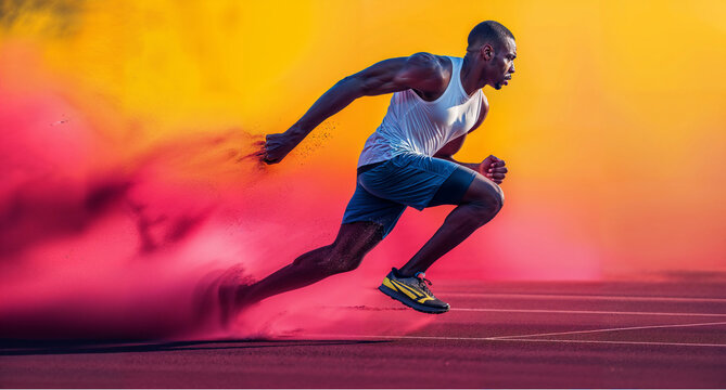 Dynamic male athlete sprinting on track with colorful motion blur, conceptual sports image