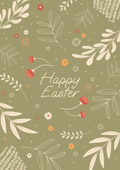 Happy Easter Day card. Botanical flat spring flowers and leaves. Greeting Card, Banner, Flyer, Invitation template. Vector