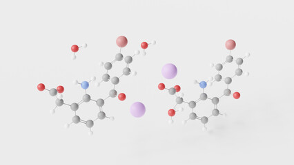 bromfenac sodium sesquihydrate molecule 3d, molecular structure, ball and stick model, structural chemical formula non-steroidal anti-inflammatory drug