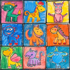 A vibrant collection of children's drawings depicts various cartoon animals in a patchwork of colorful squares, full of creativity and joy.
