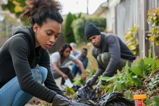 Diverse individuals participating in a neighborhood clean-up, showing unity and care for their local environment. --ar 3:2 --v 6 Job ID: 692f33eb-968d-4ef6-a4f5-fc08b909f65f