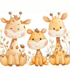 Three cute cartoon giraffes sitting among delicate floral elements, with the smallest giraffe in the center.