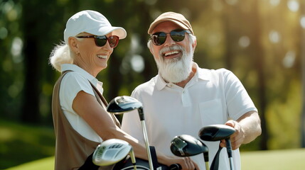 Happy senior couple with golf clubs having fun playing golf together on golf course